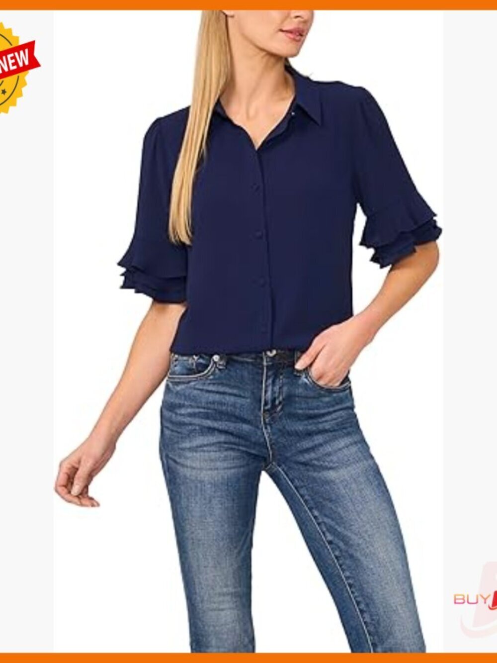 Ruffle Sleeve Button Up Blouse, Regular Fit, Polyester Blend